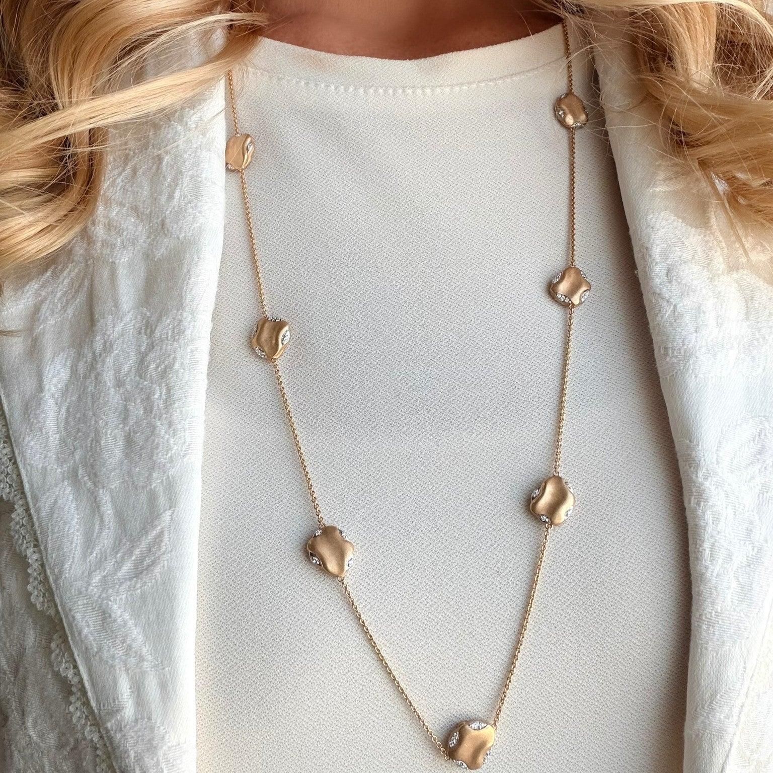 ESTATE 18k Two Tone Gold Pebbled Diamond Station Necklace