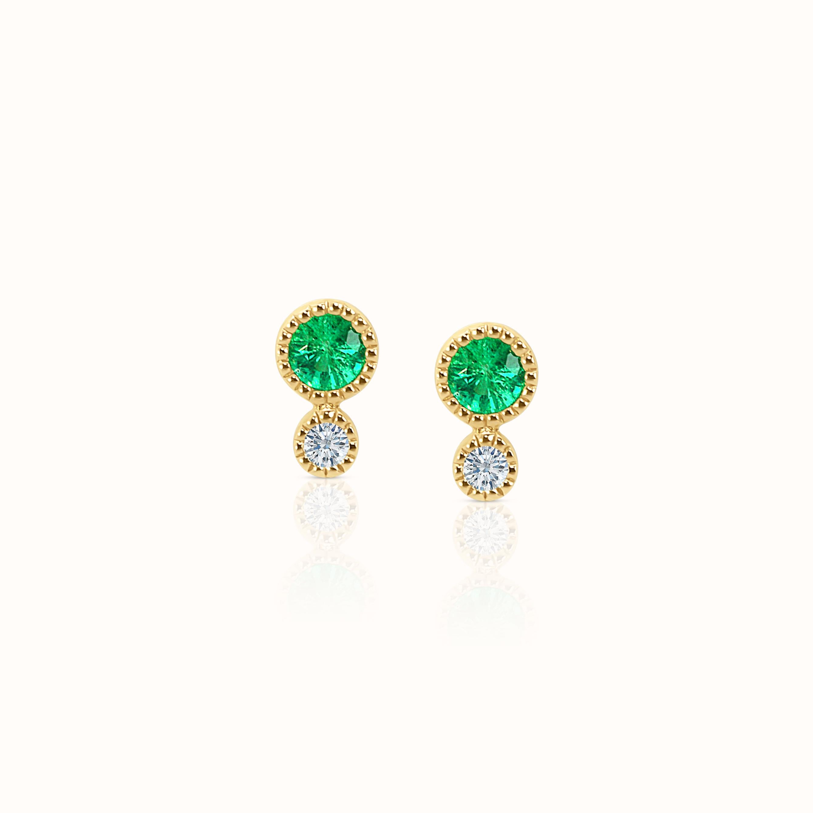 Emerald & Diamond Studs with Milgrain Bezel Setting