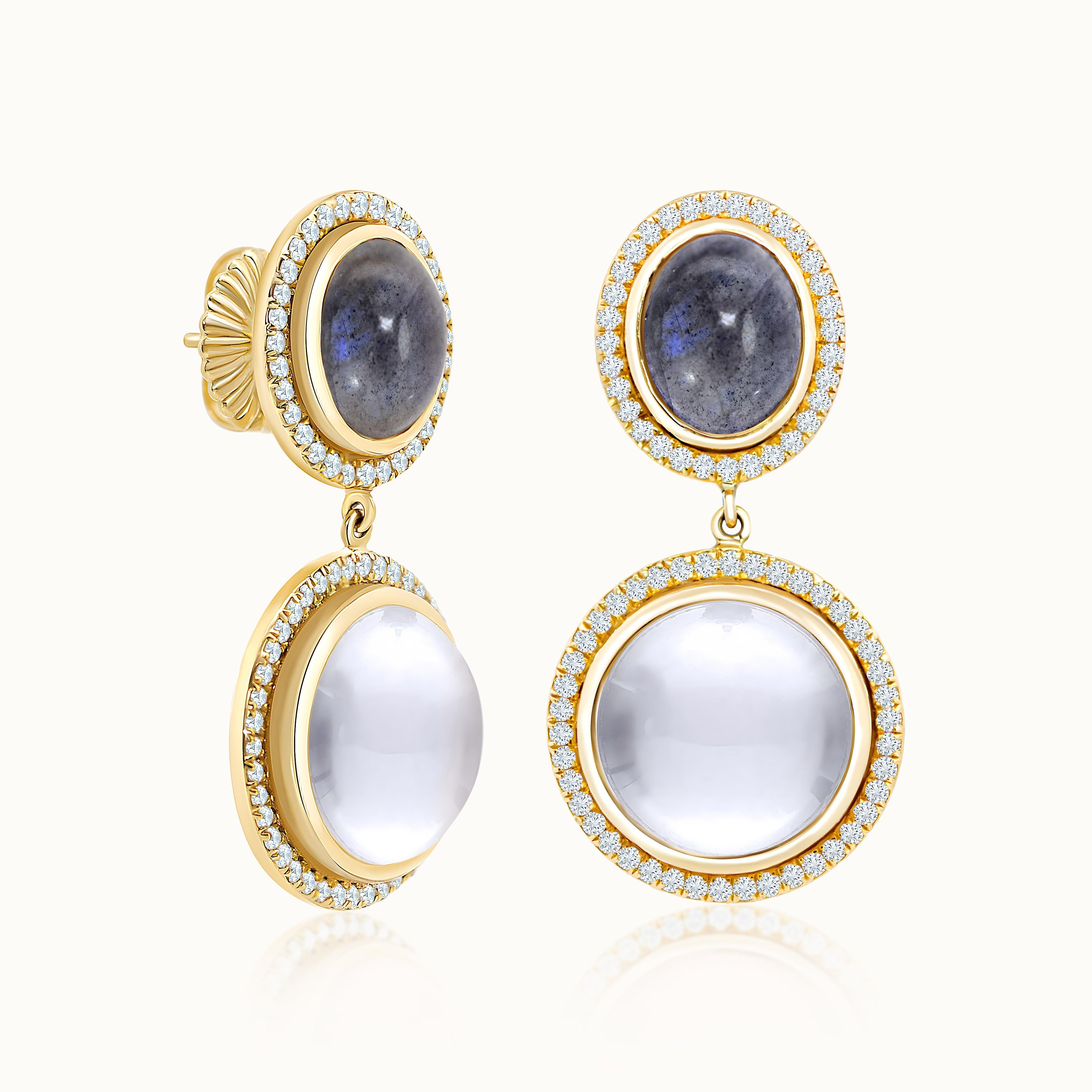 Moonstone and Labradorite Diamond Halo Drop Earrings