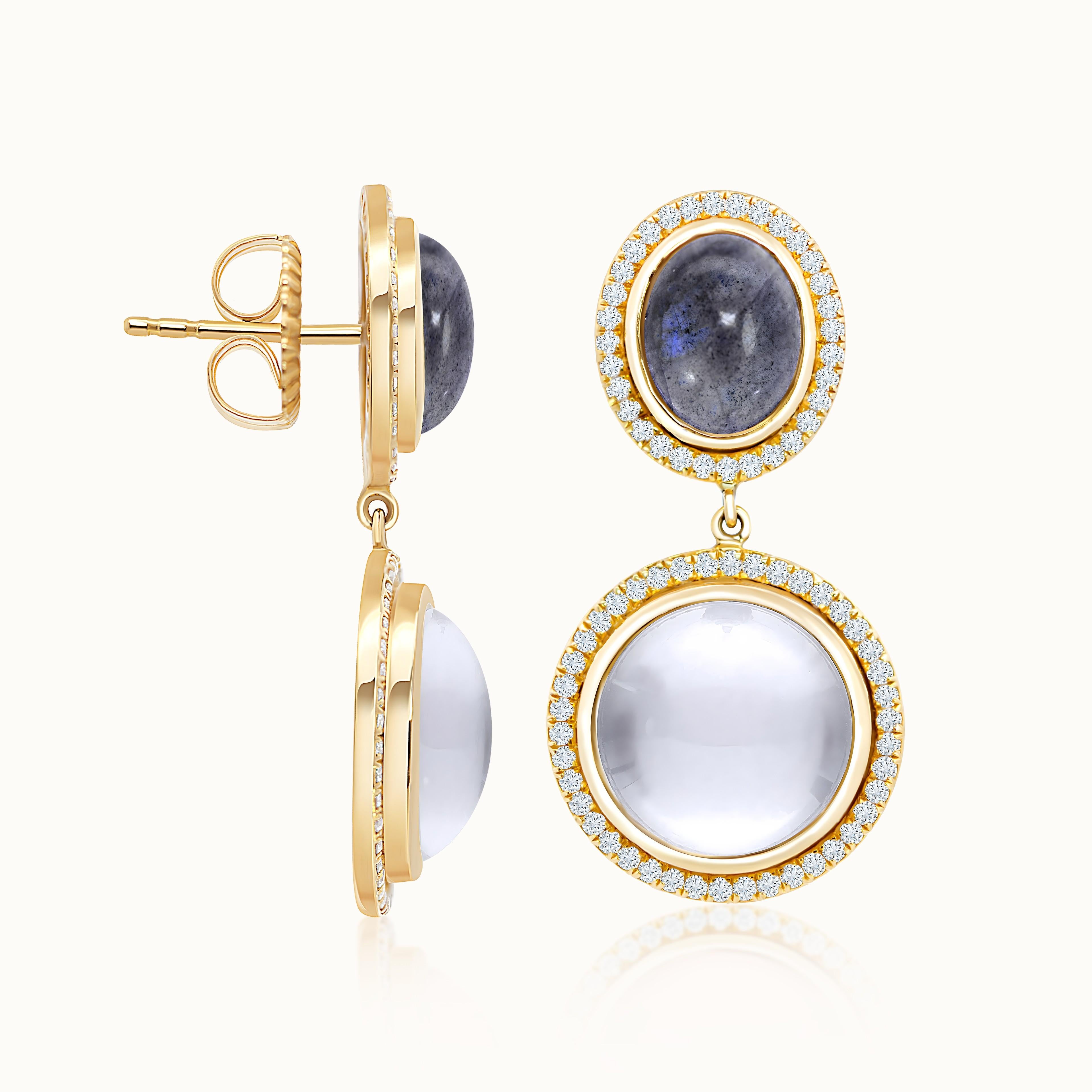 Moonstone and Labradorite Diamond Halo Drop Earrings