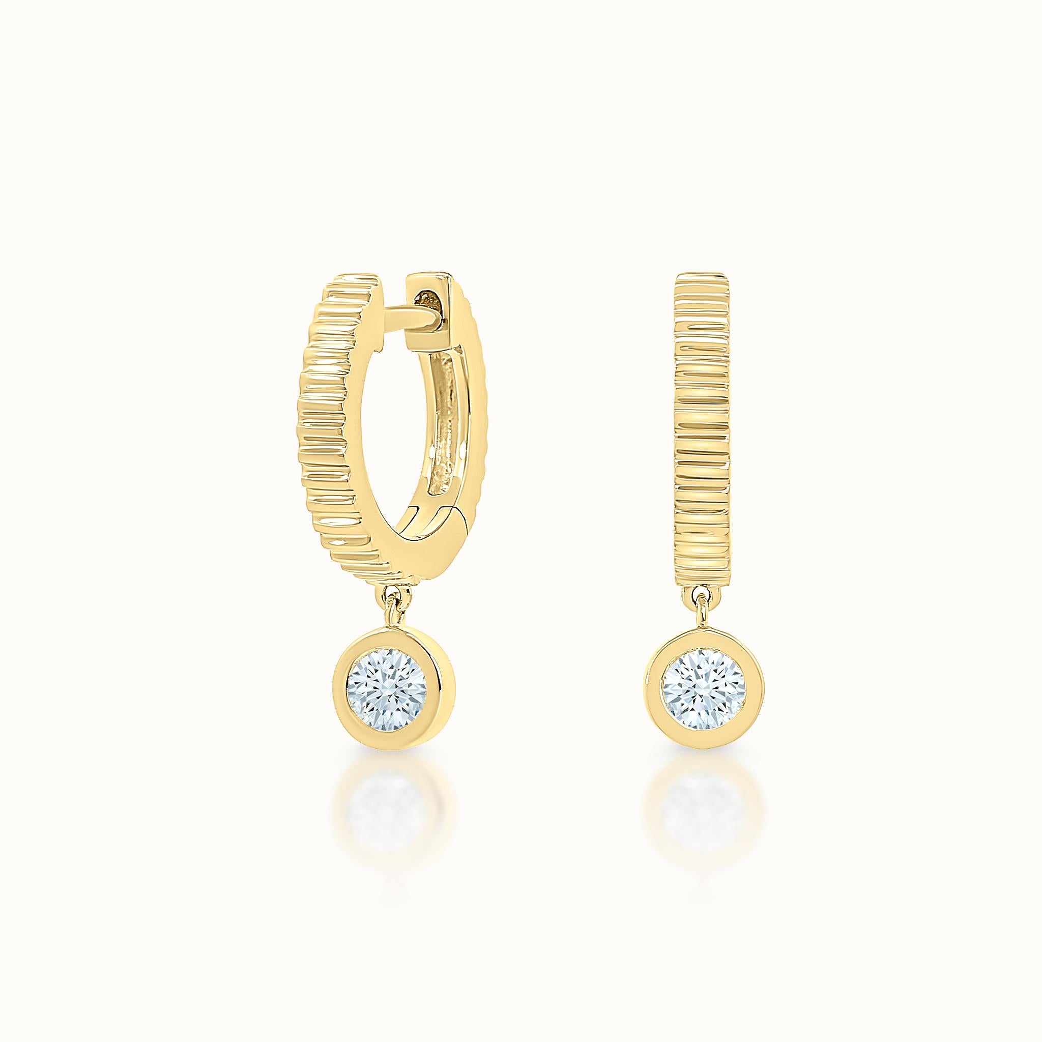 Ribbed Huggies with Bezel Set Diamond Dangle