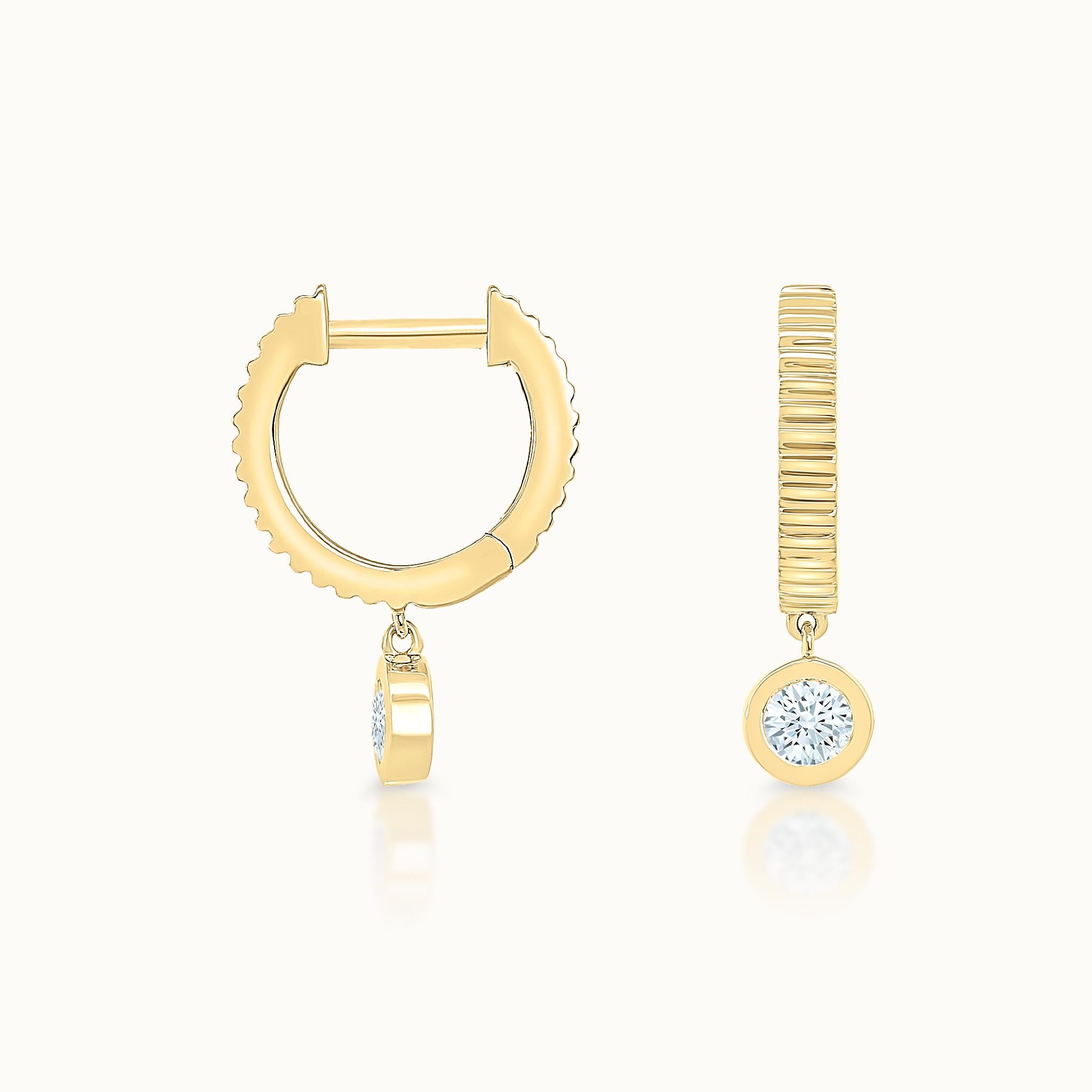Ribbed Huggies with Bezel Set Diamond Dangle