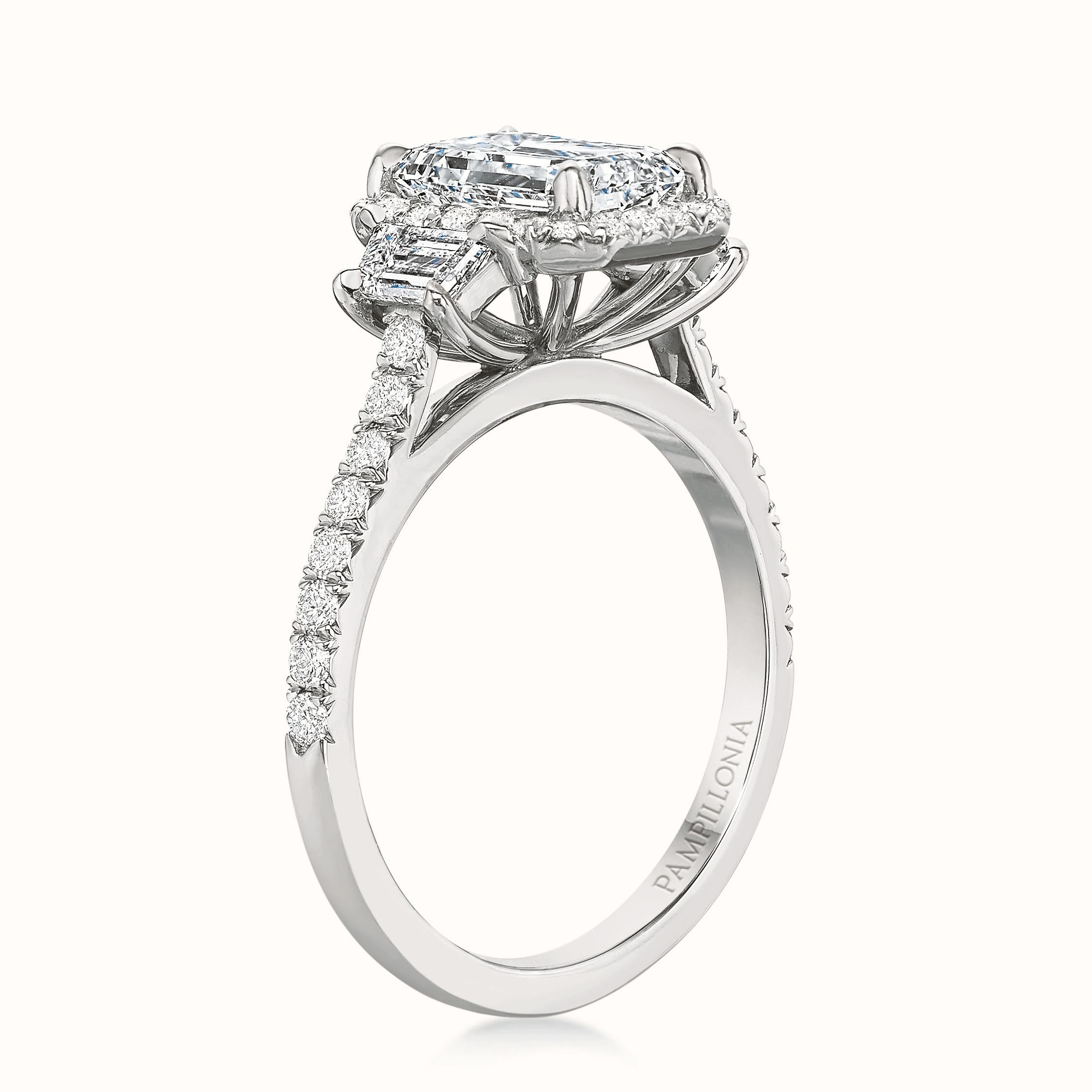 Kate Diamond Halo Three Stone Emerald Cut