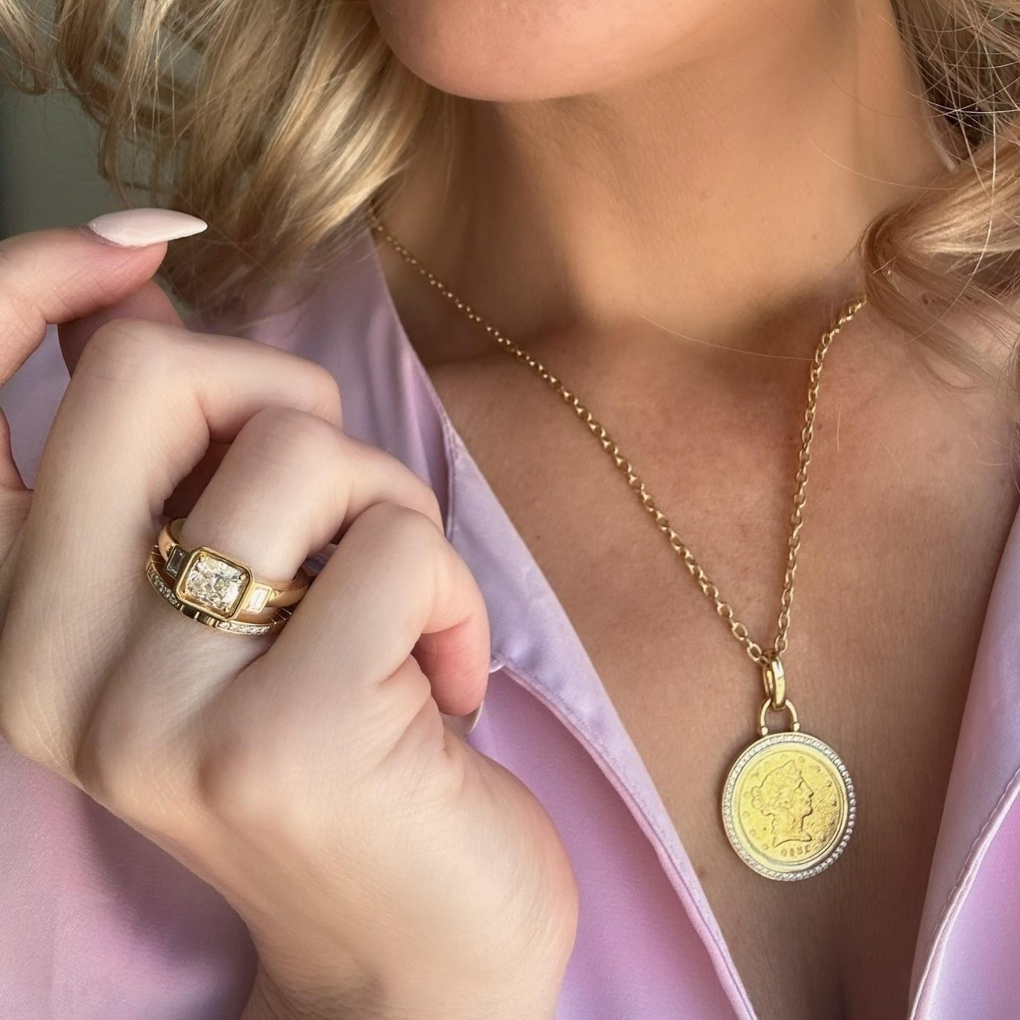 Aubri Bezel Set Three Stone Cushion Diamond Ring