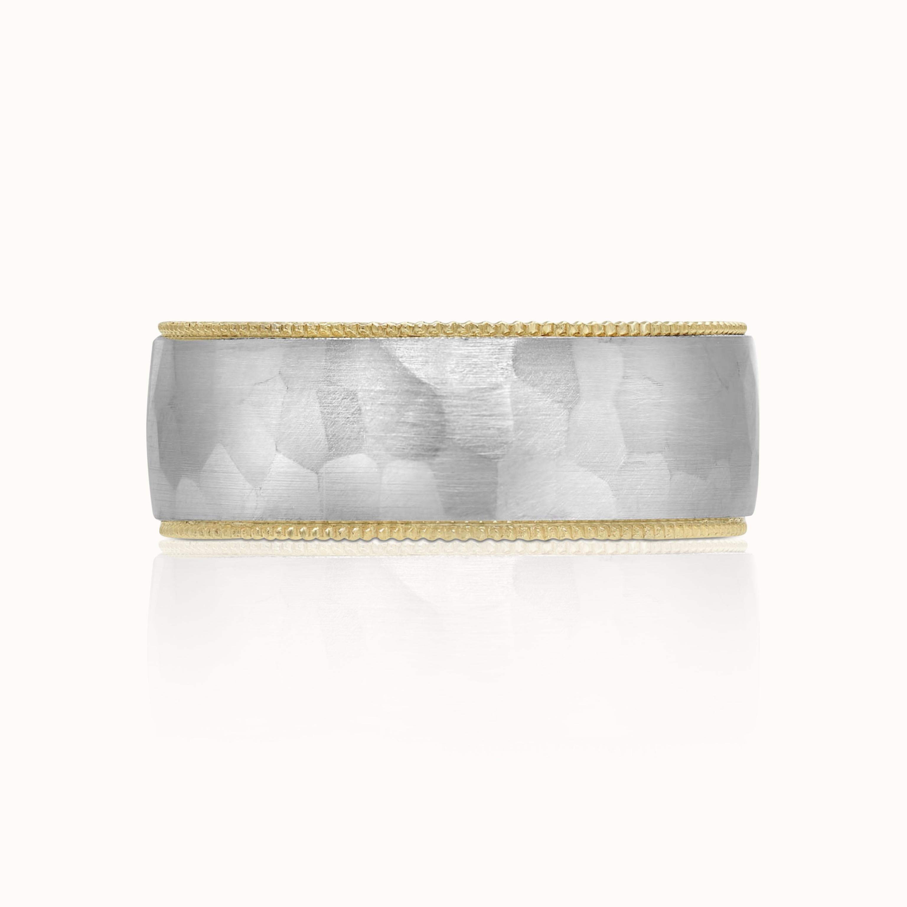 Hammered White Gold and Milgrain Mens Band