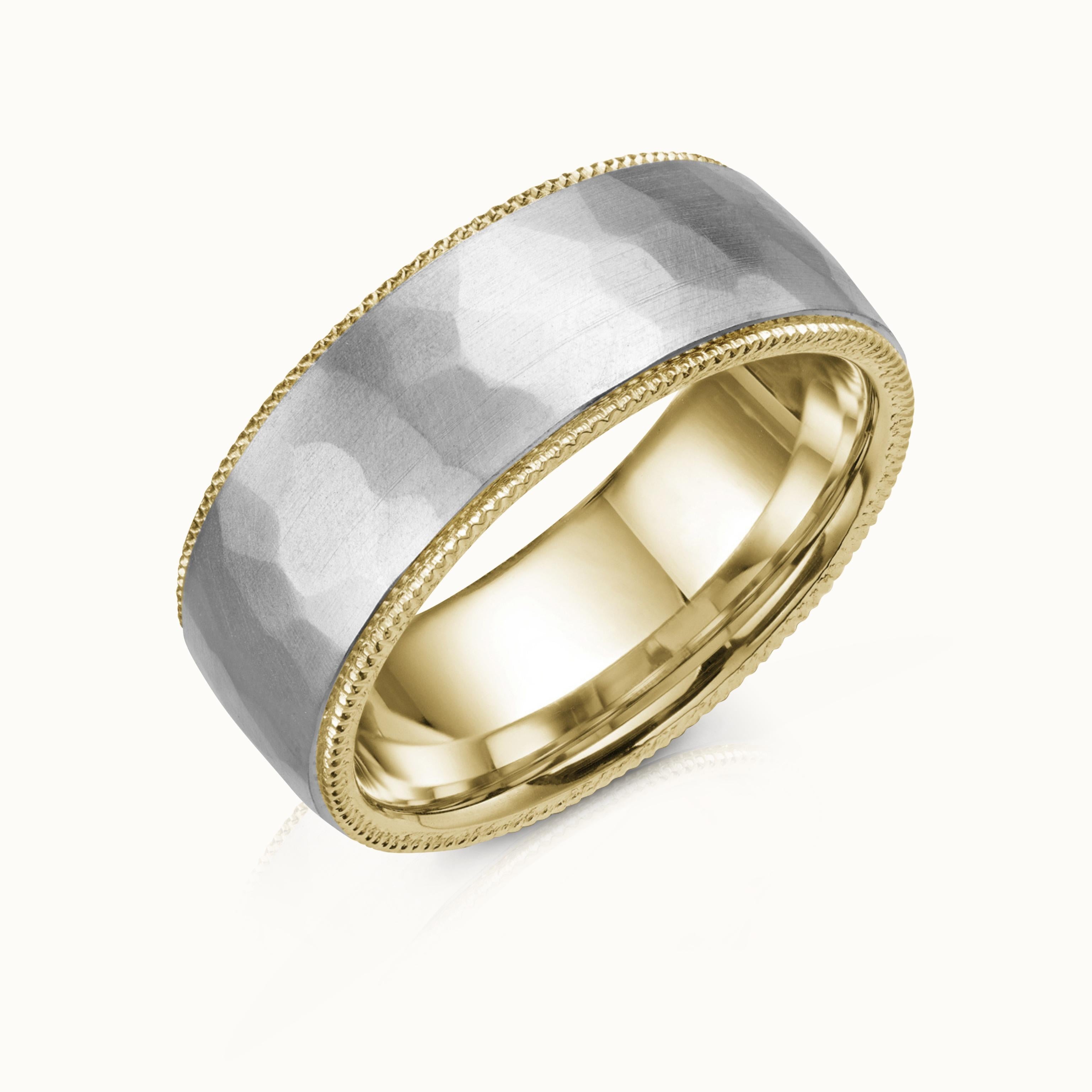 Hammered White Gold and Milgrain Mens Band