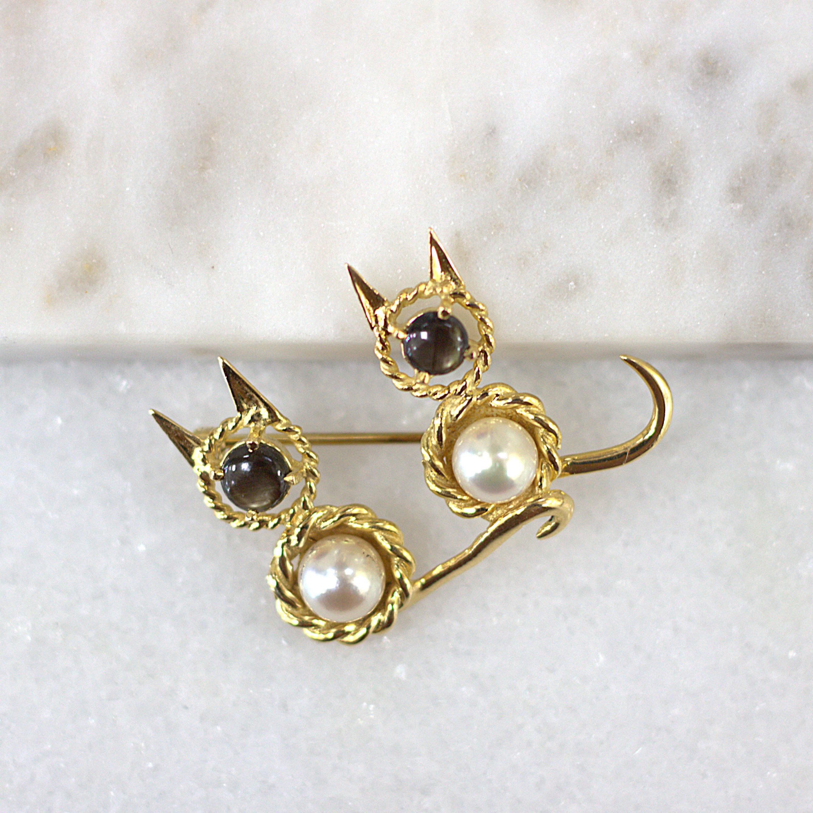 ESTATE Cat & Twin Brooch with Pearls