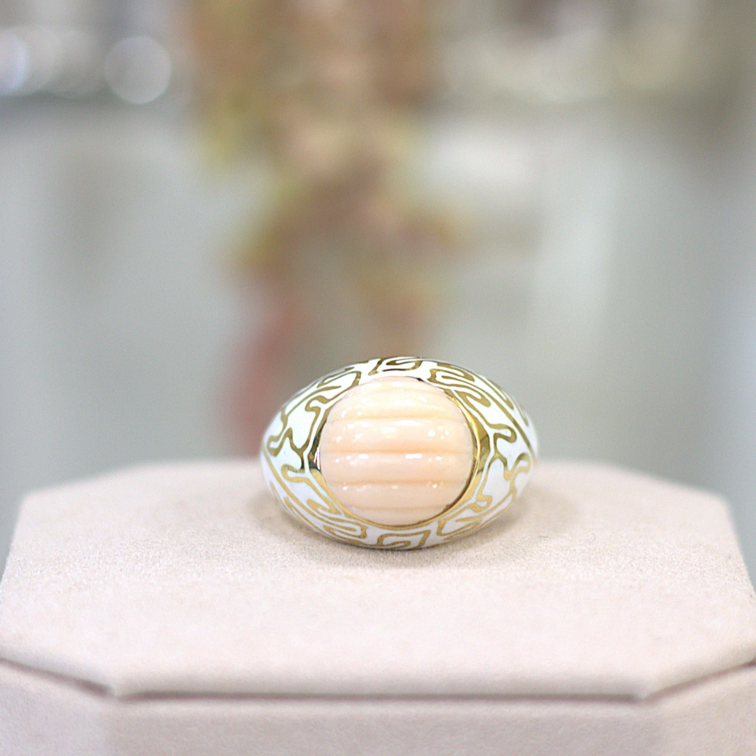 ESTATE Enamel Ring with Carved Coral