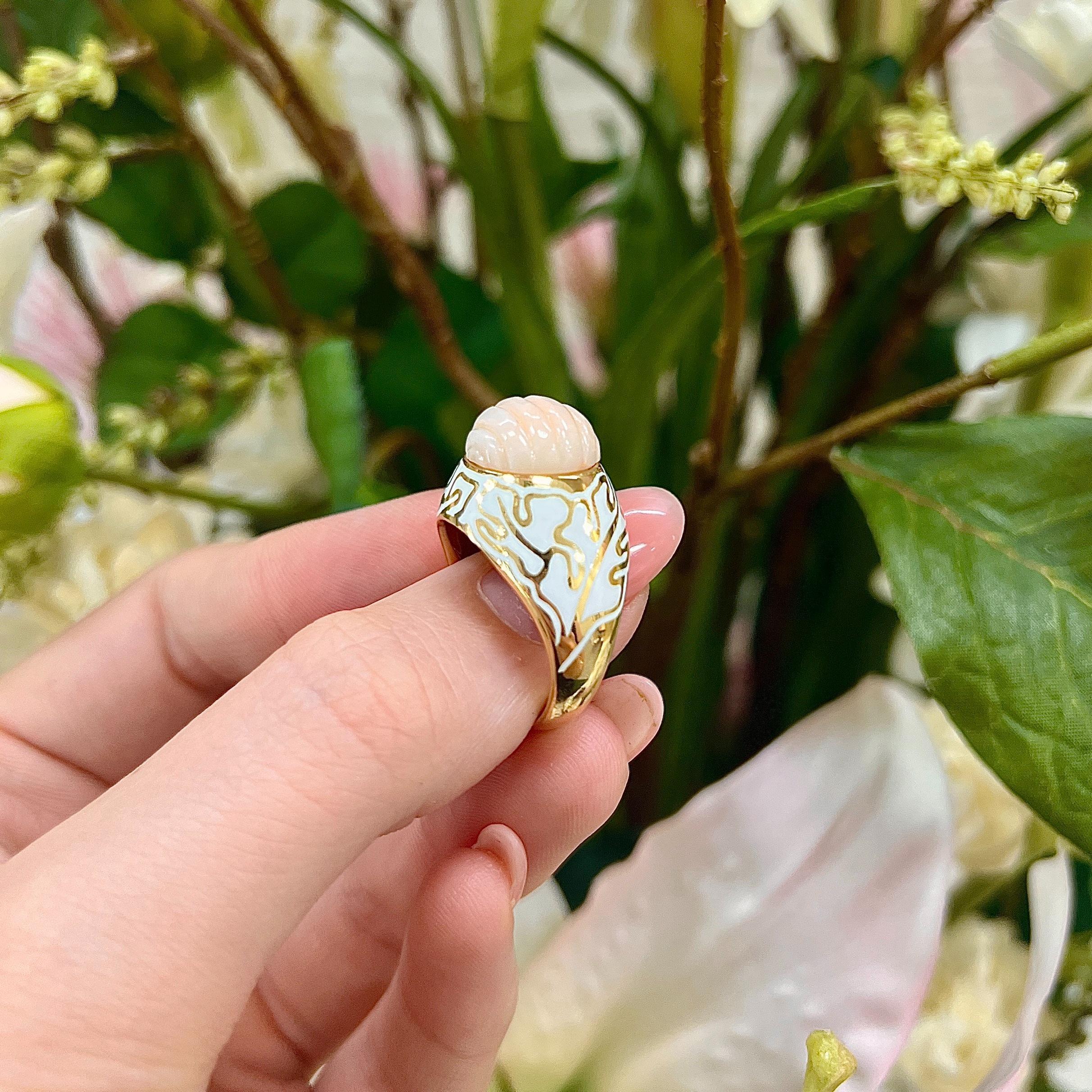 ESTATE Enamel Ring with Carved Coral
