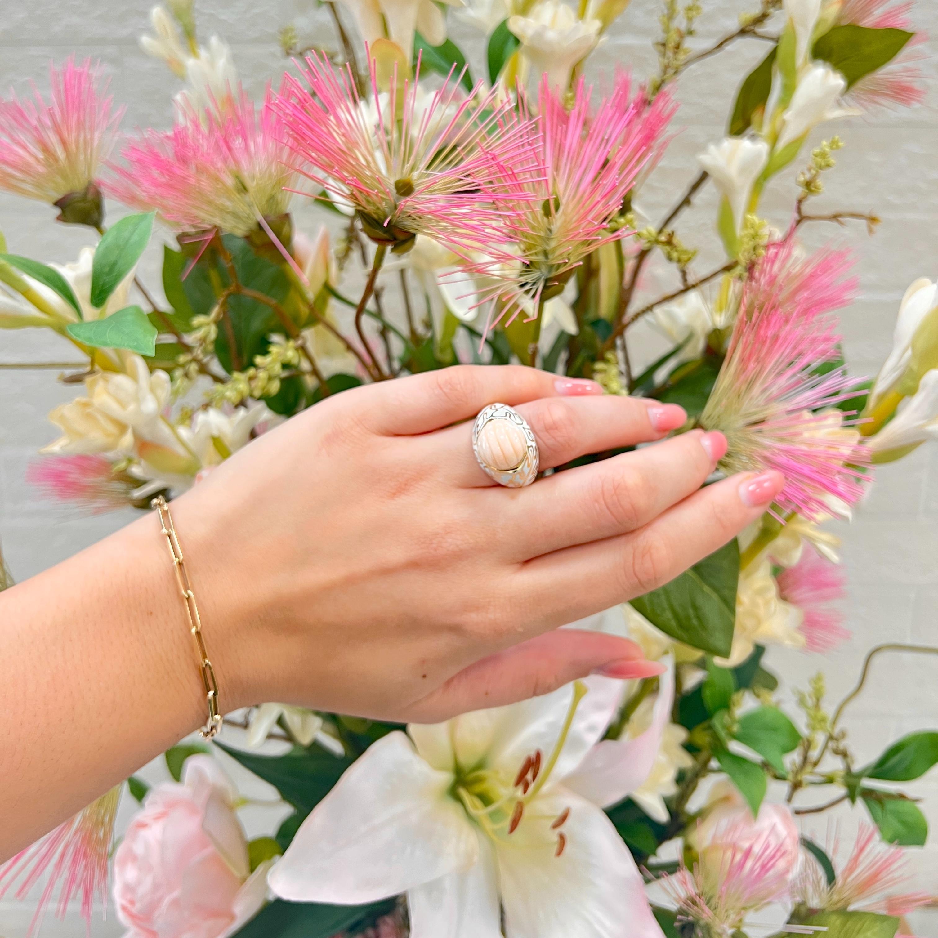 ESTATE Enamel Ring with Carved Coral
