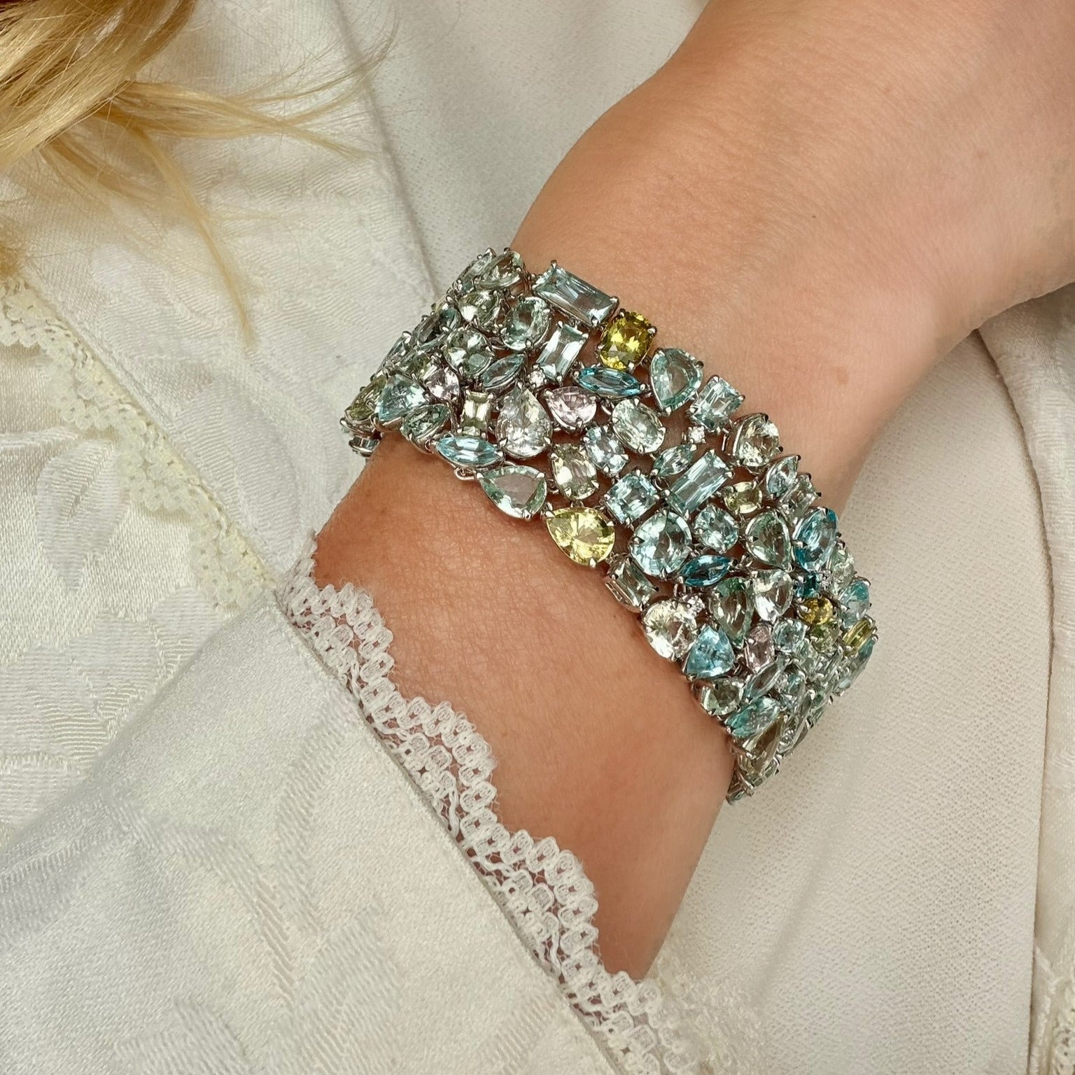 ESTATE 18k White Gold Semi-Precious Gemstone & Diamond Bracelet