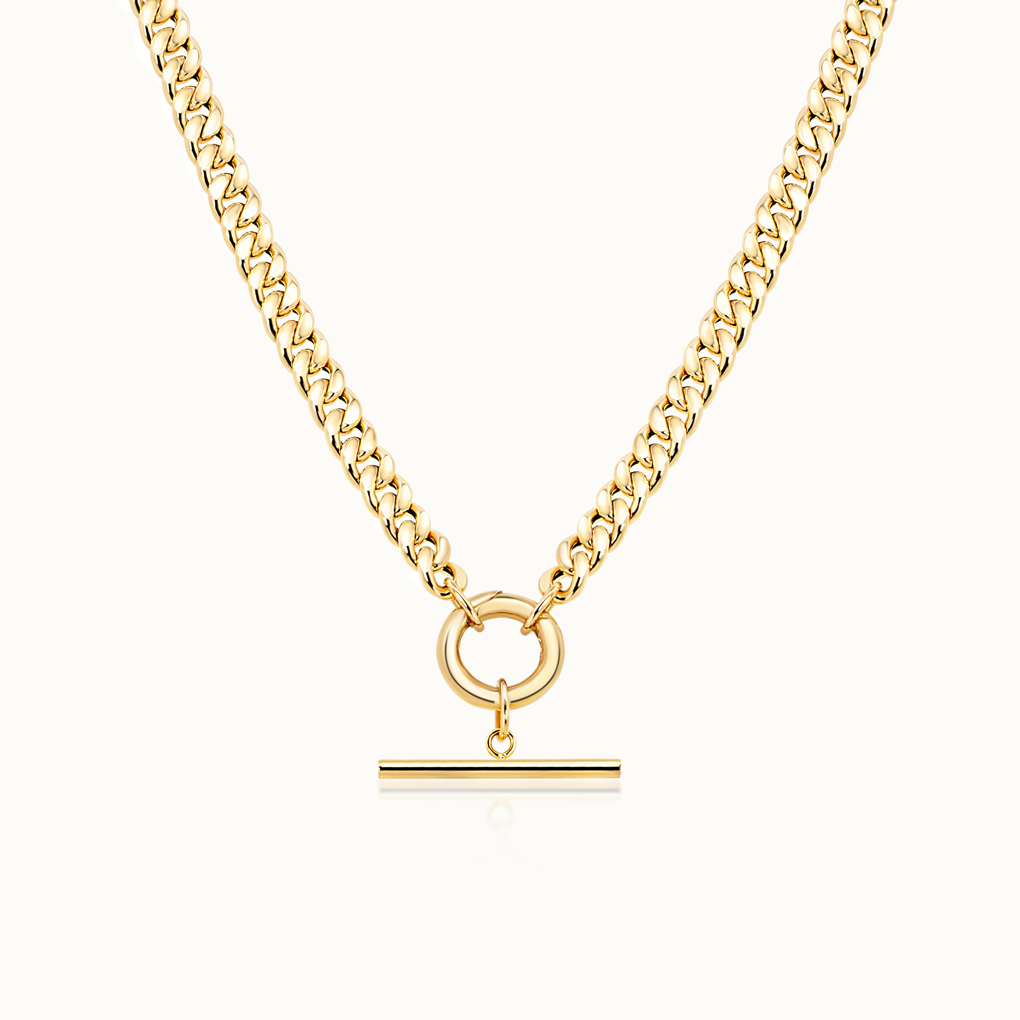 Curb Link Necklace with Round Push Lock & Toggle Charm