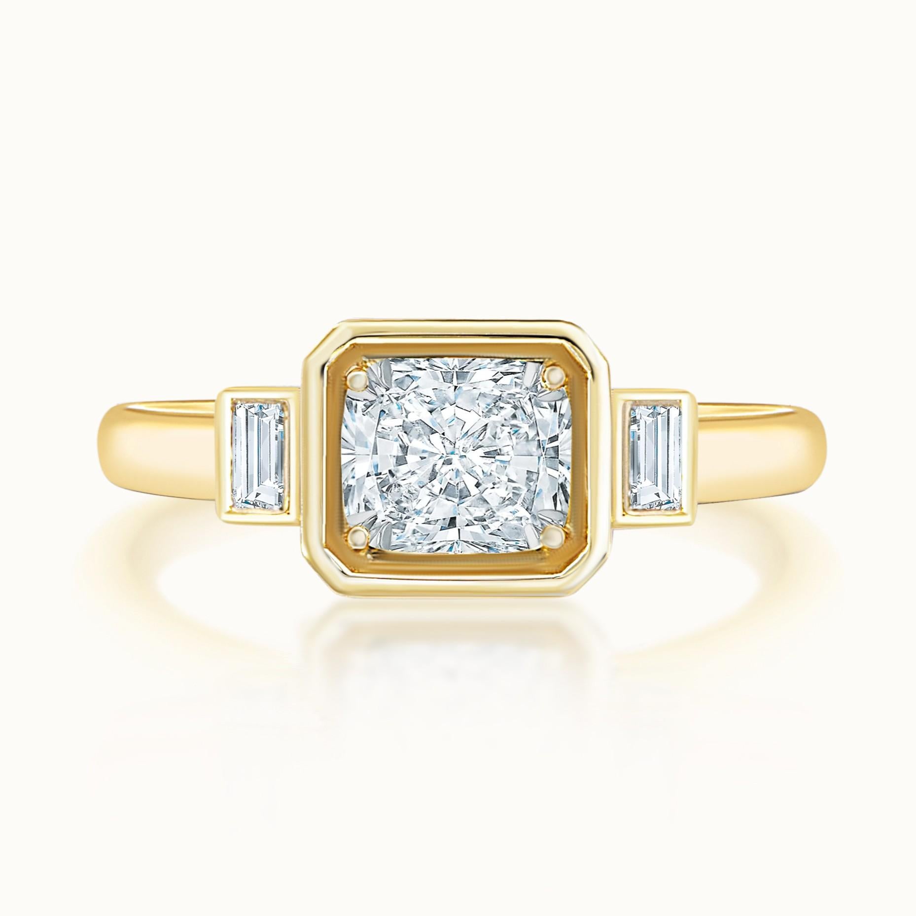 Aubri Bezel Set Three Stone Cushion Diamond Ring