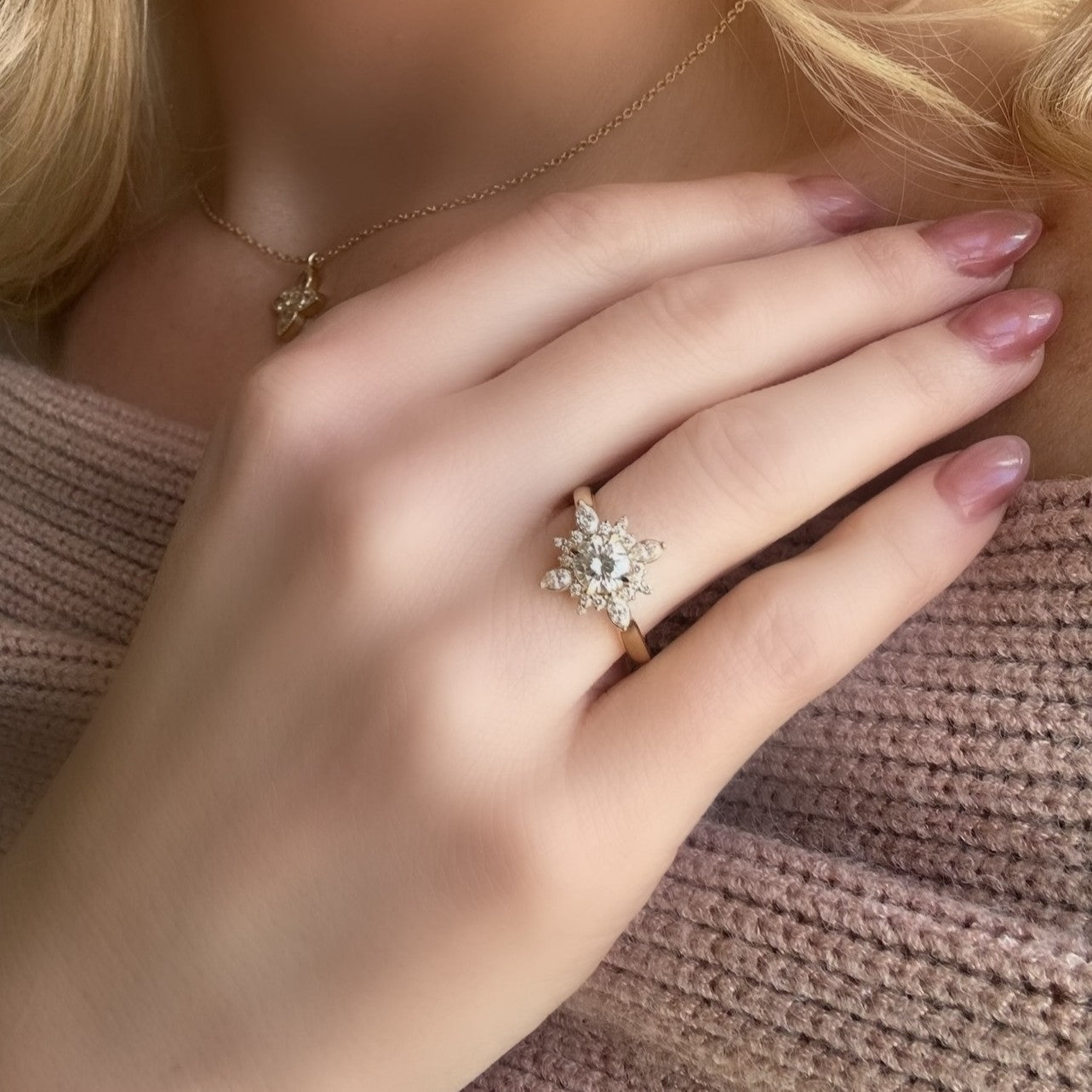 close up of 14k Yellow Gold Floral Halo Round Diamond