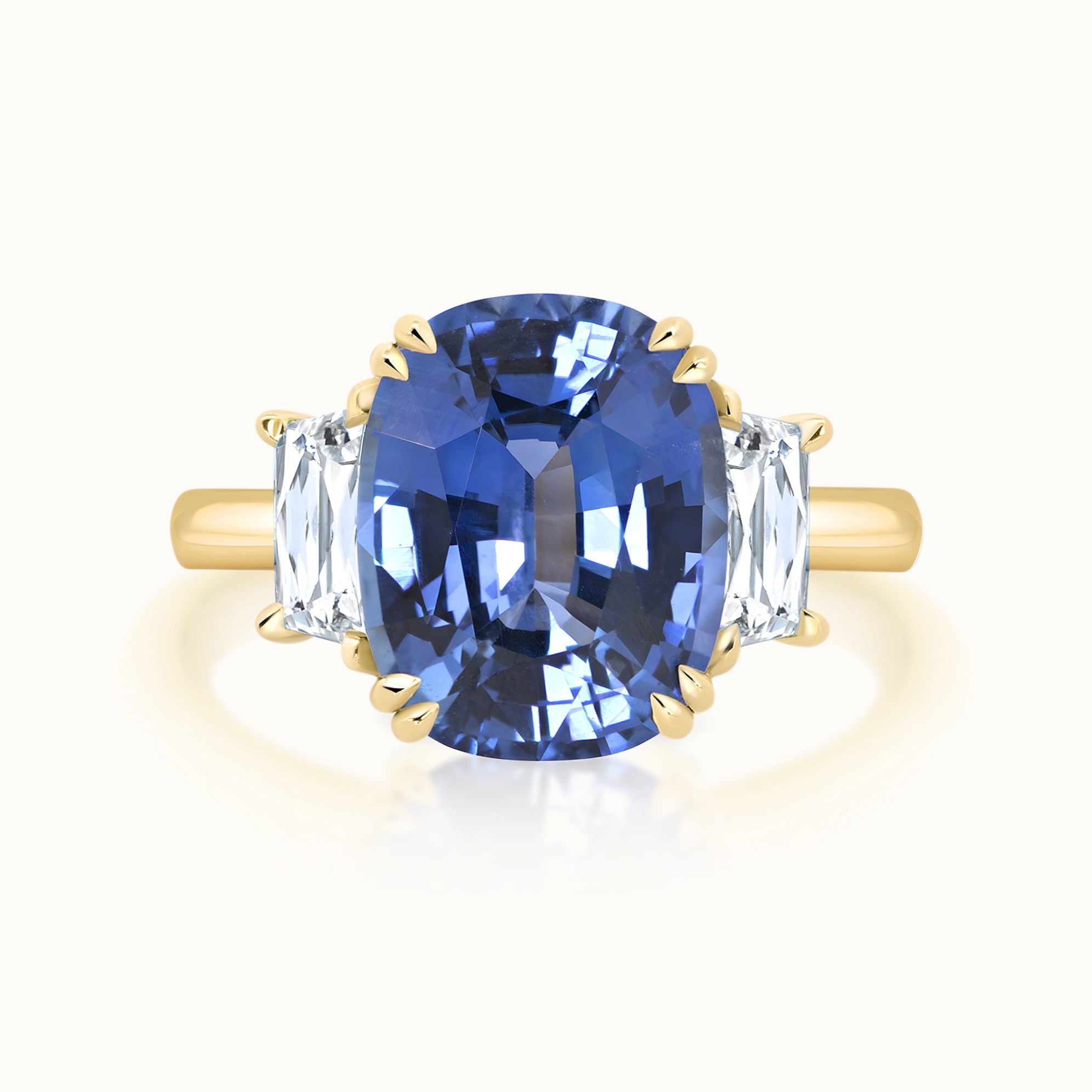 18k Yellow Gold Cushion Cut Sapphire & Trapezoid Diamond Three Stone Ring