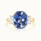 18k Yellow Gold Cushion Cut Sapphire & Trapezoid Diamond Three Stone Ring