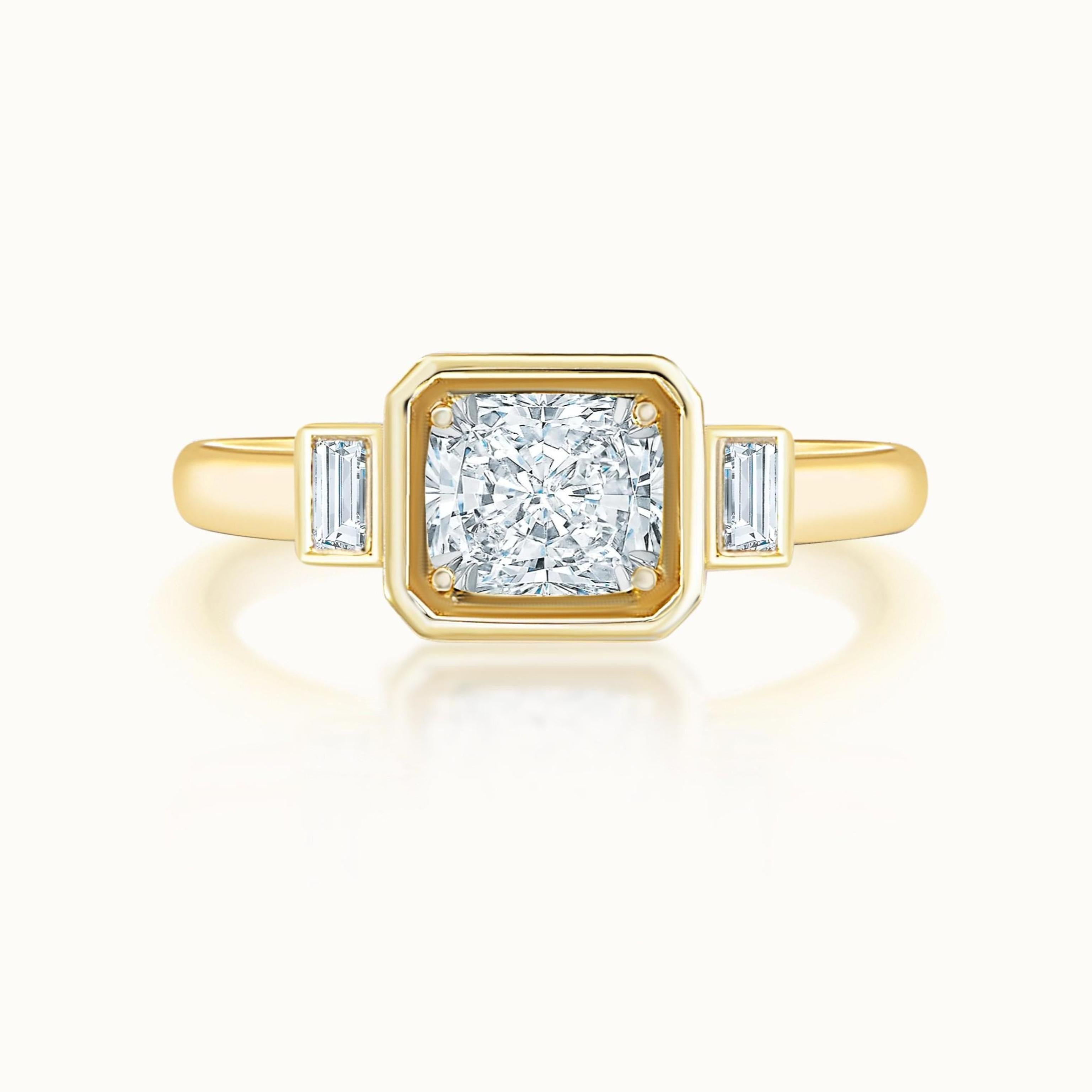 Aubri 18k Yellow Gold Bezel Set Cushion Diamond & Baguette Three Stone Ring product image