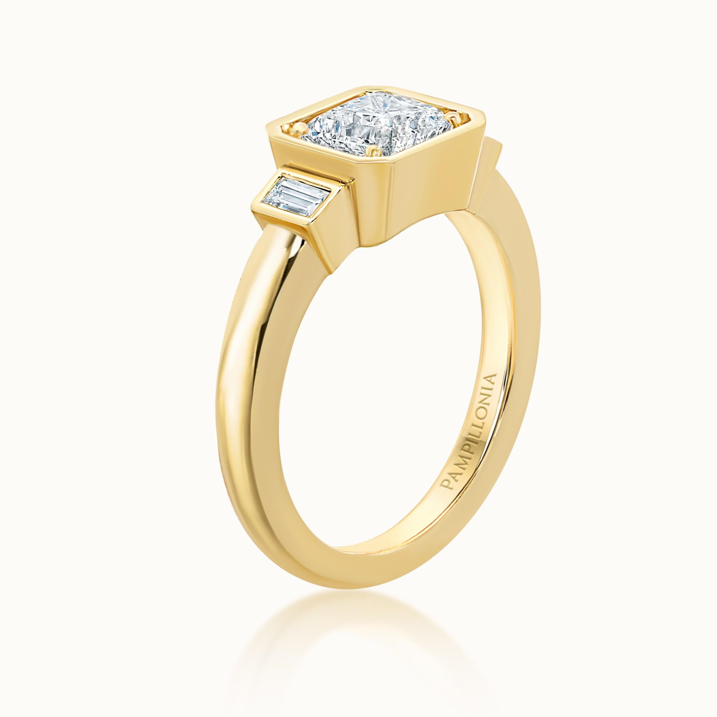 profile product image of Aubri 18k Yellow Gold Bezel Set Cushion Diamond & Baguette Three Stone Ring