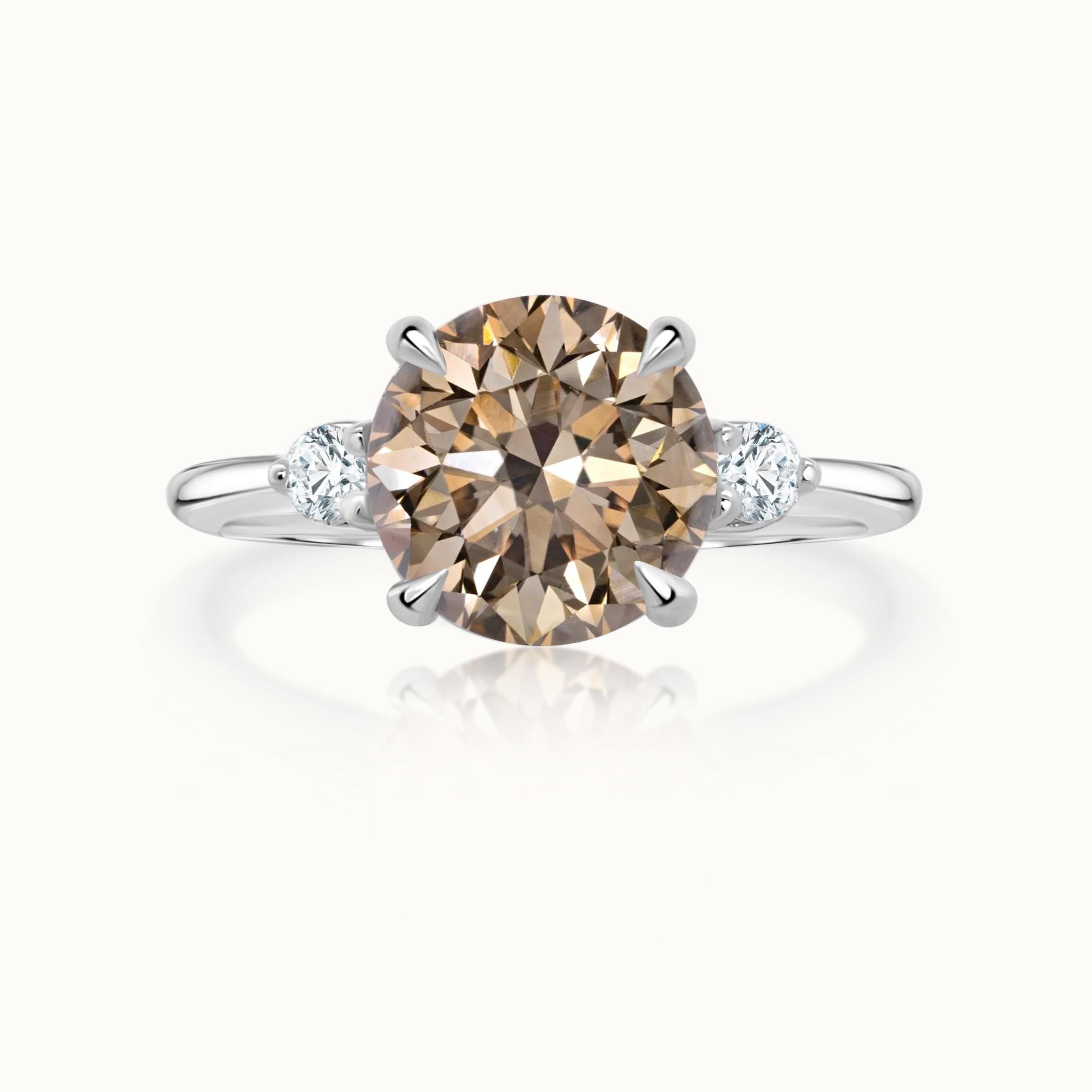 14k White Gold Round Champagne Diamond Three Stone Ring product image